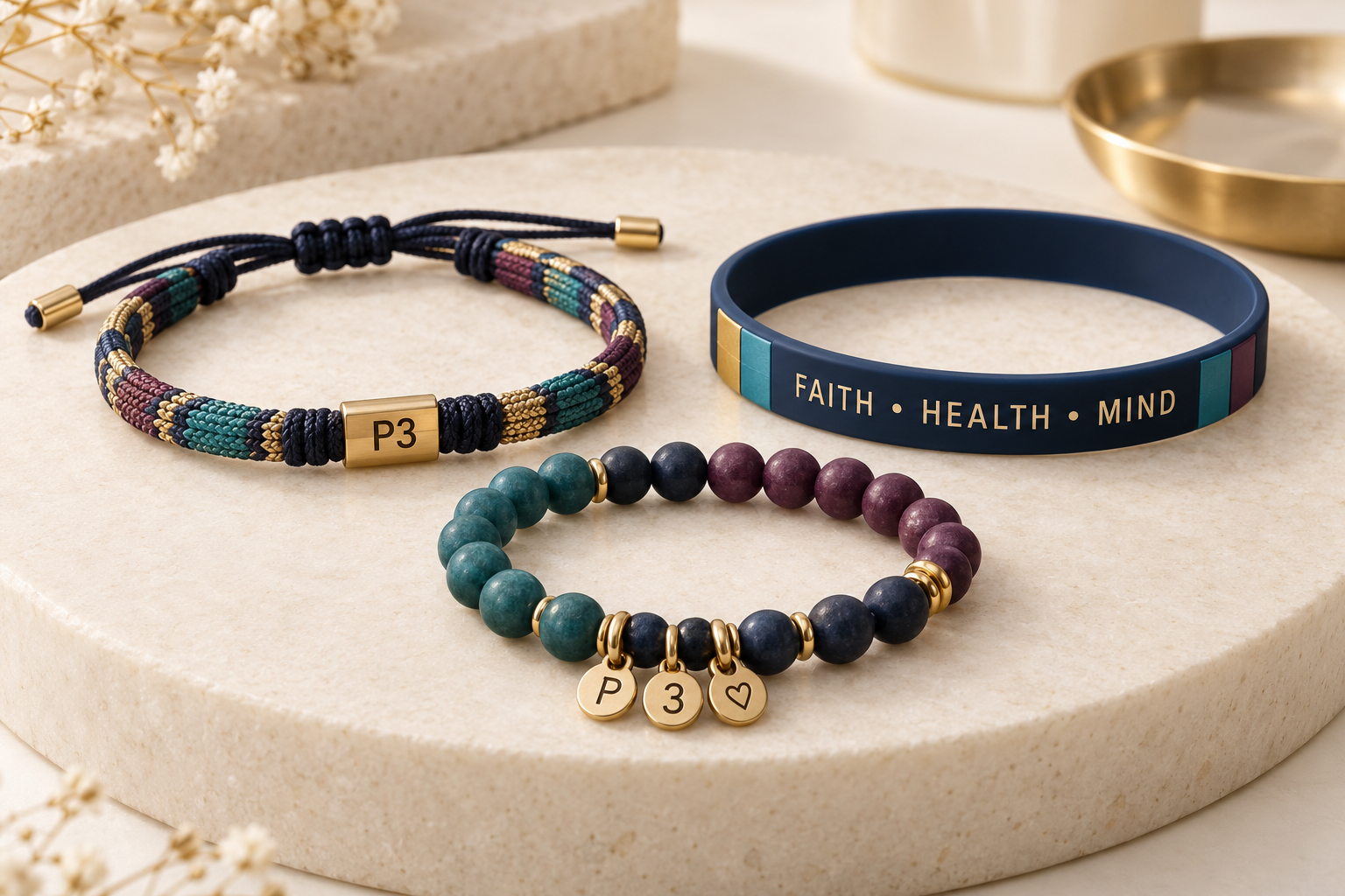 P3 woven silicone and beaded wellness bracelets