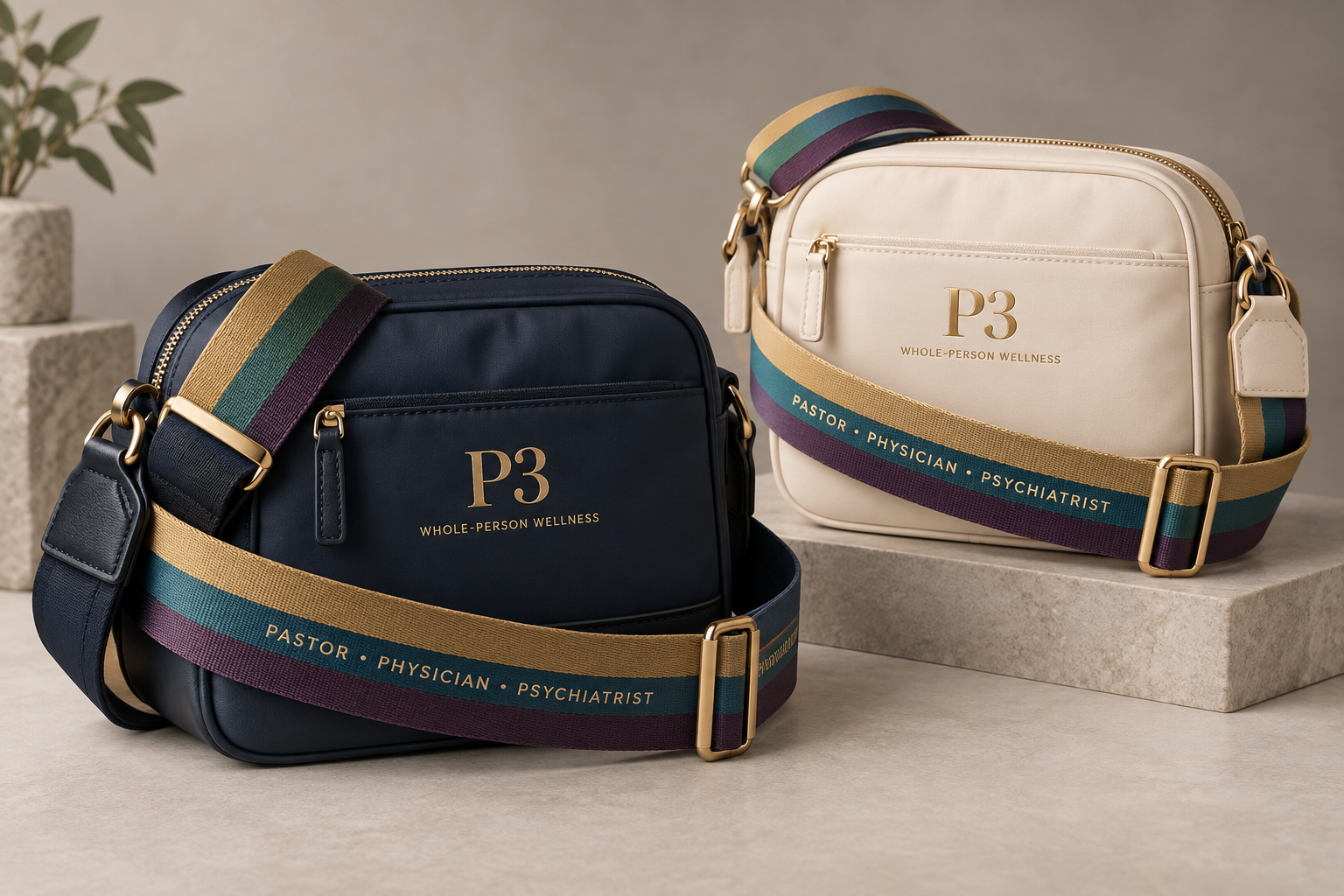 Navy and cream P3 crossbody bags with wraparound three-color straps