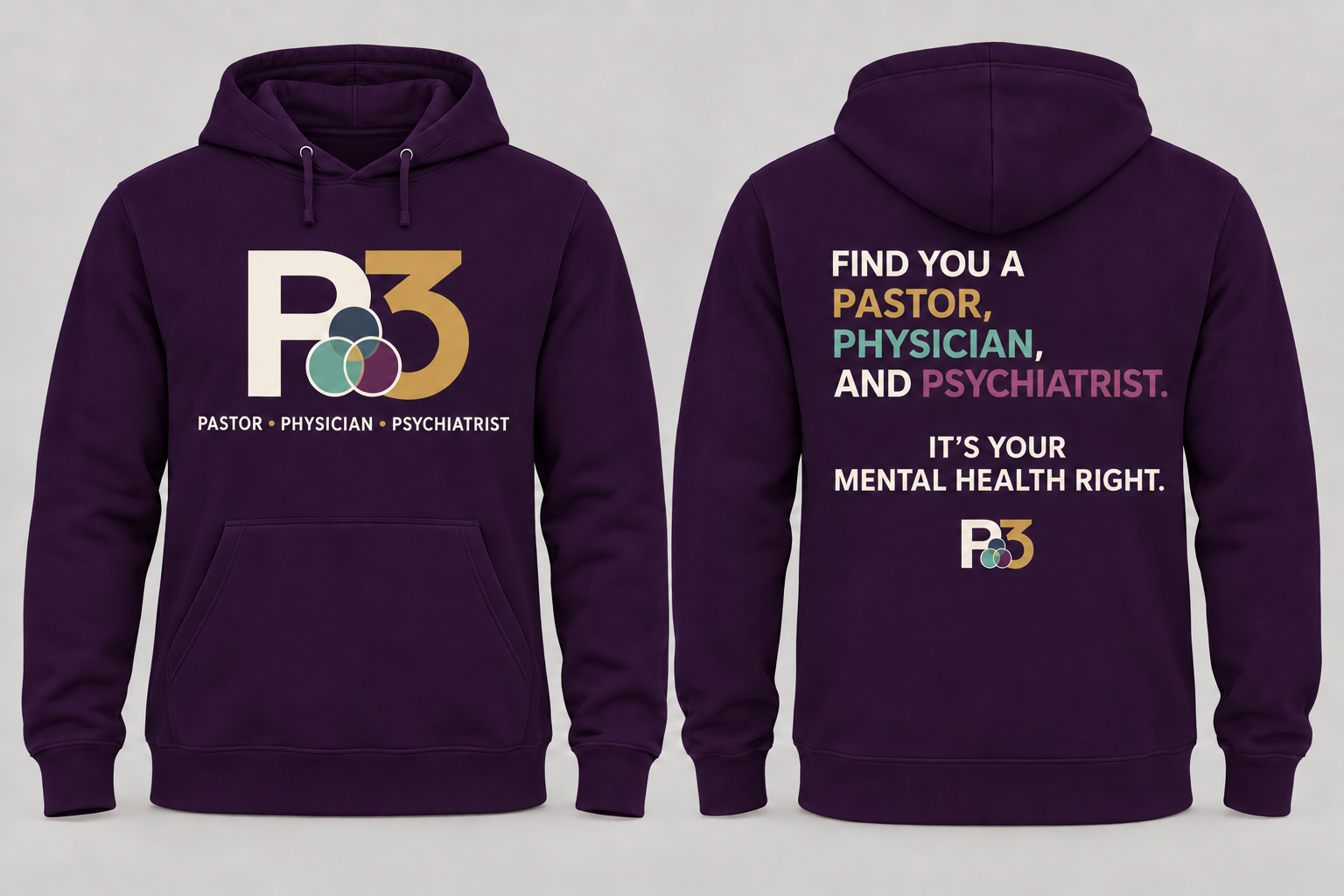 Dark-purple P3 pullover hoodie shown from front and back