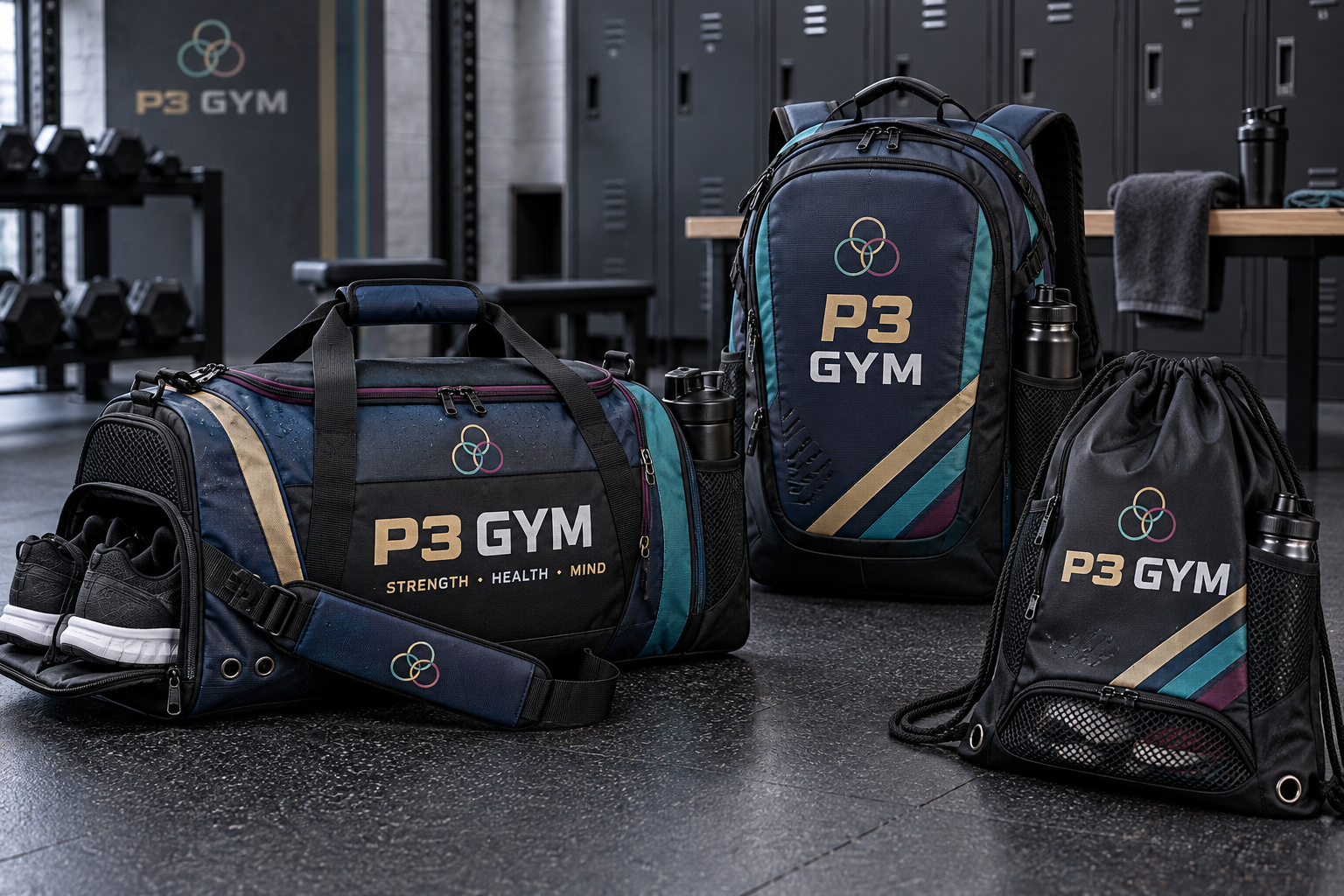 P3 GYM duffel backpack and drawstring workout bags in a gym