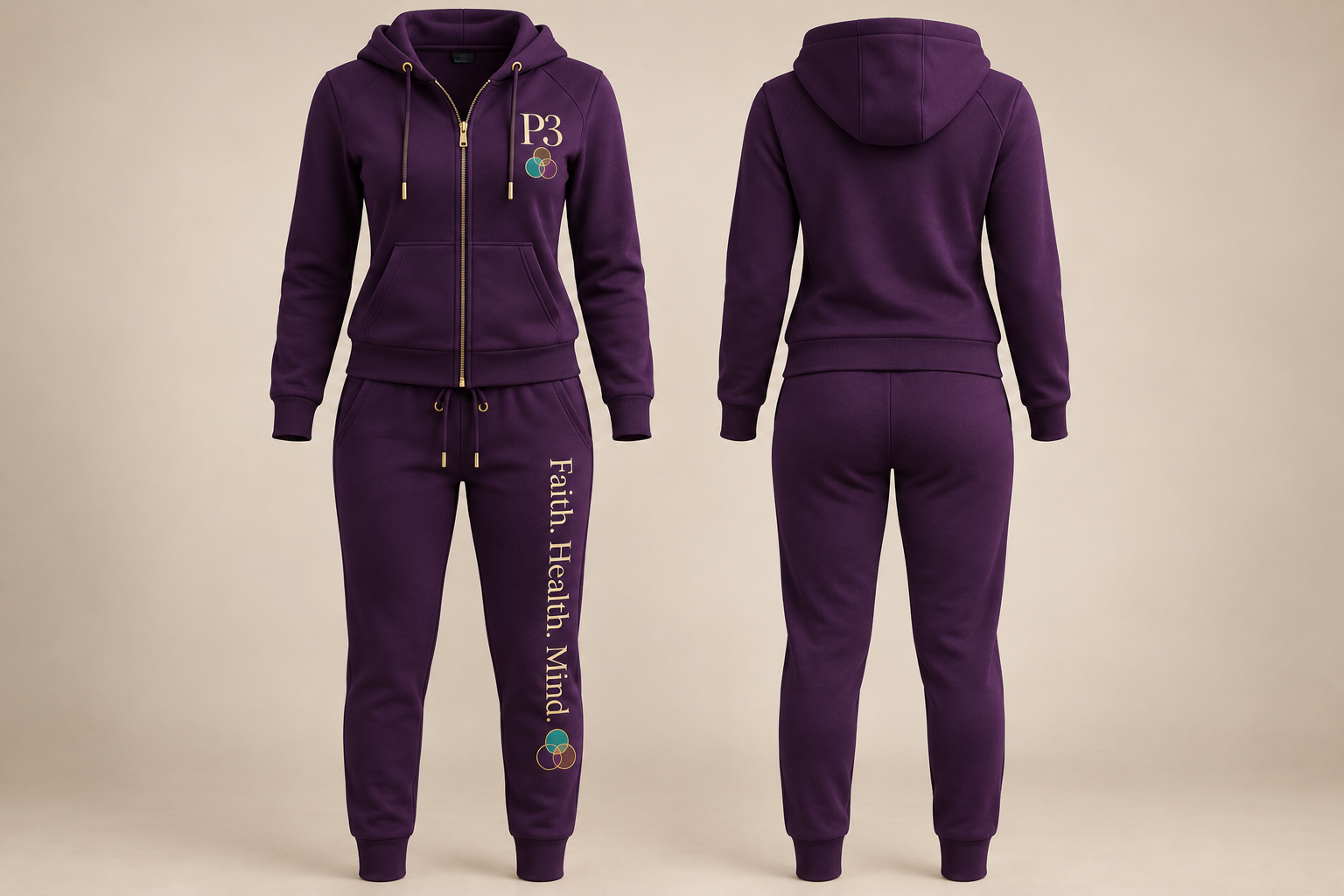 Dark-purple P3 women’s hoodie and jogger set shown from front and back