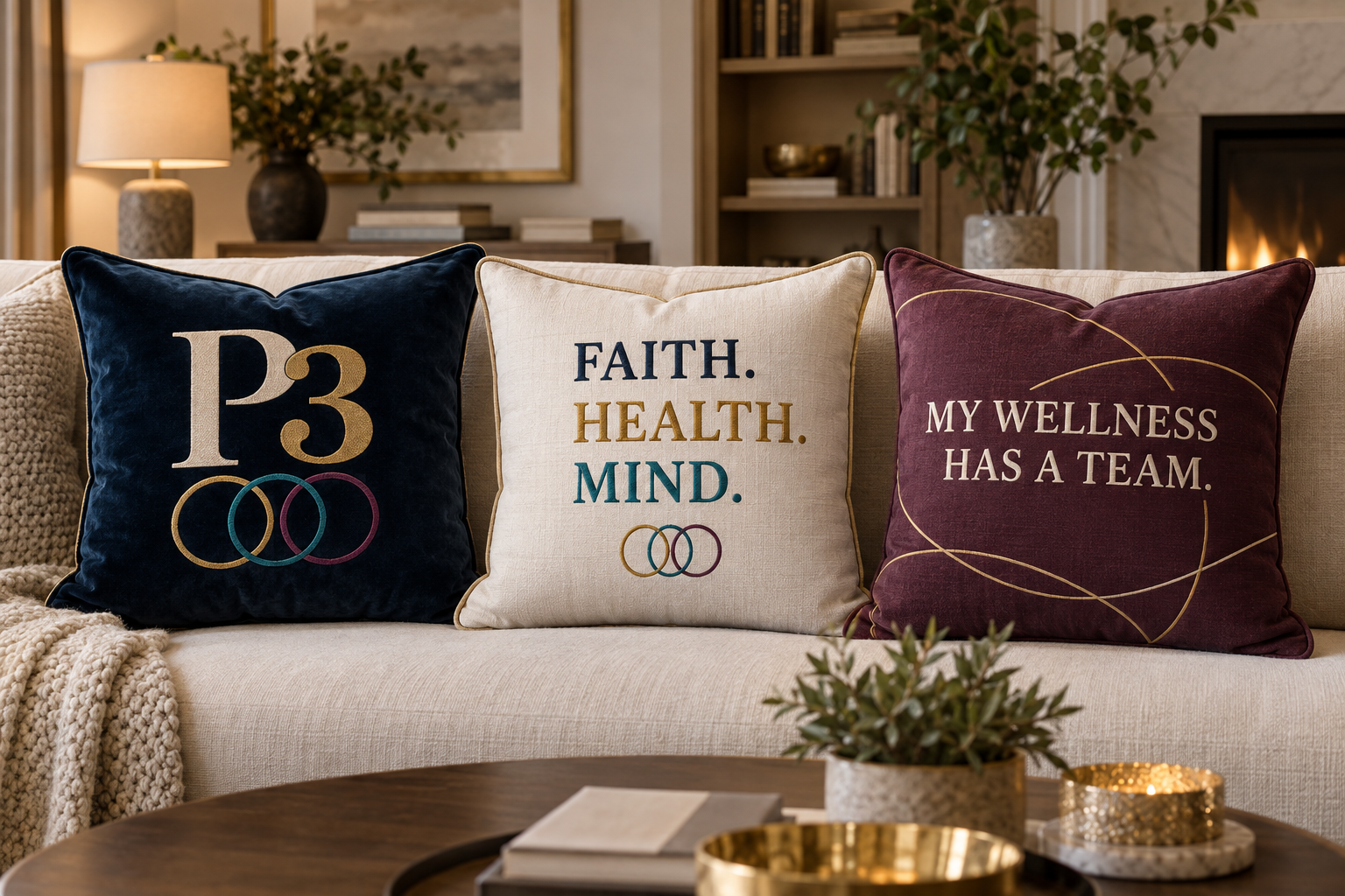 Set of three P3 embroidered throw pillows