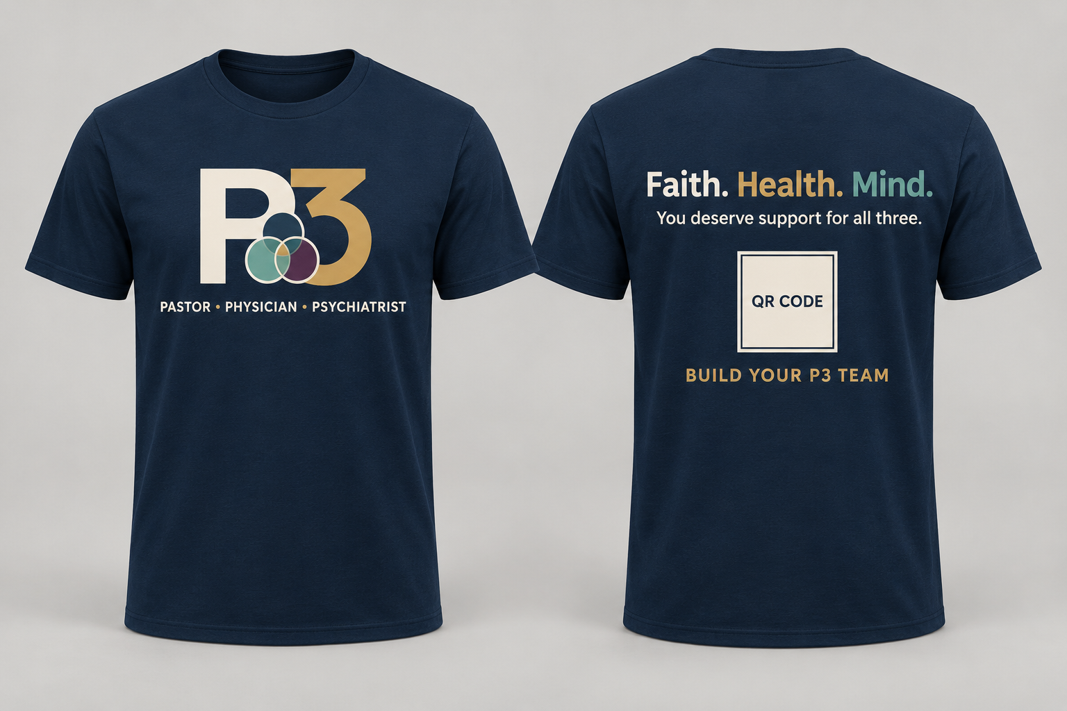 Navy P3 signature shirt shown from front and back