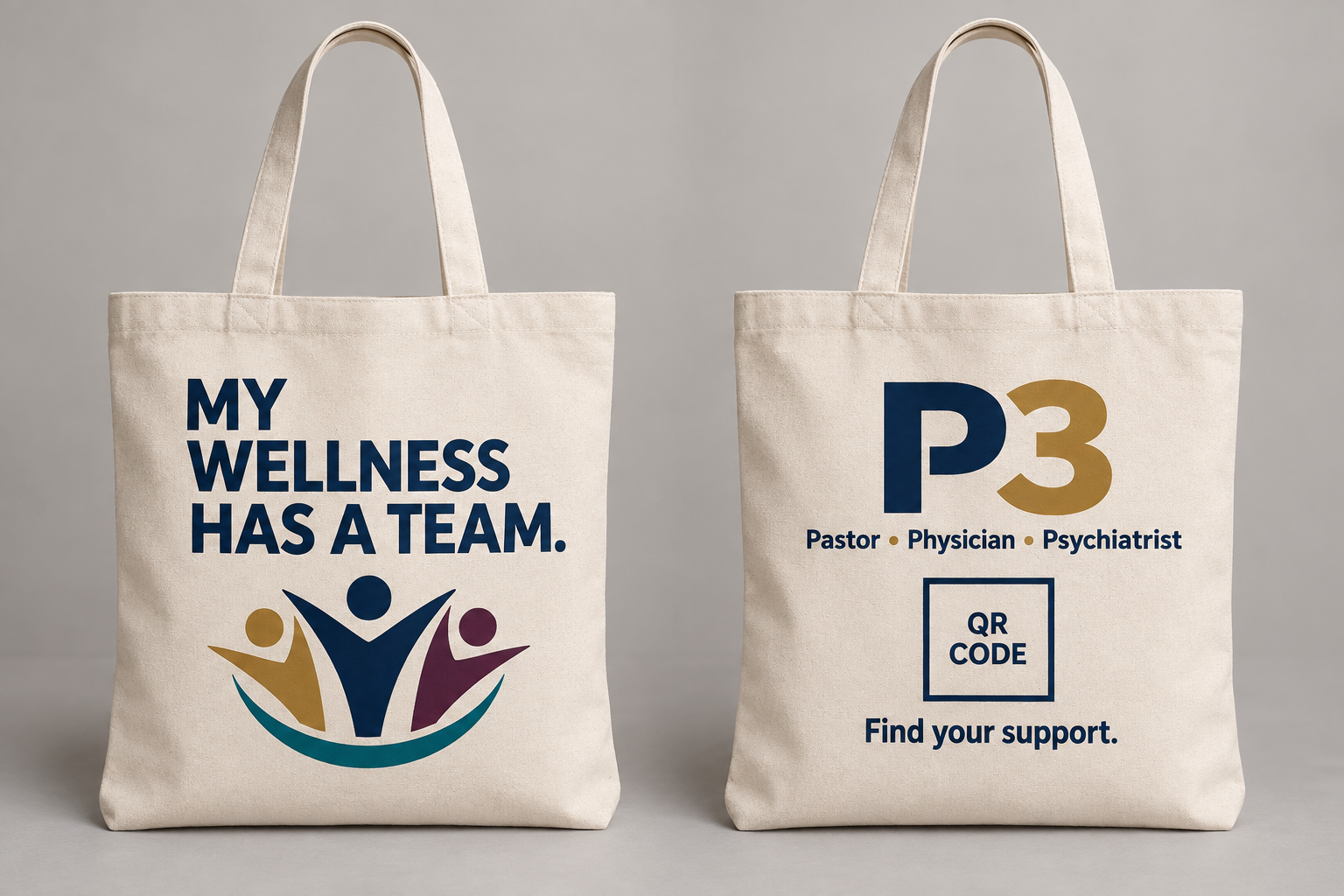 Natural canvas P3 tote shown from both sides