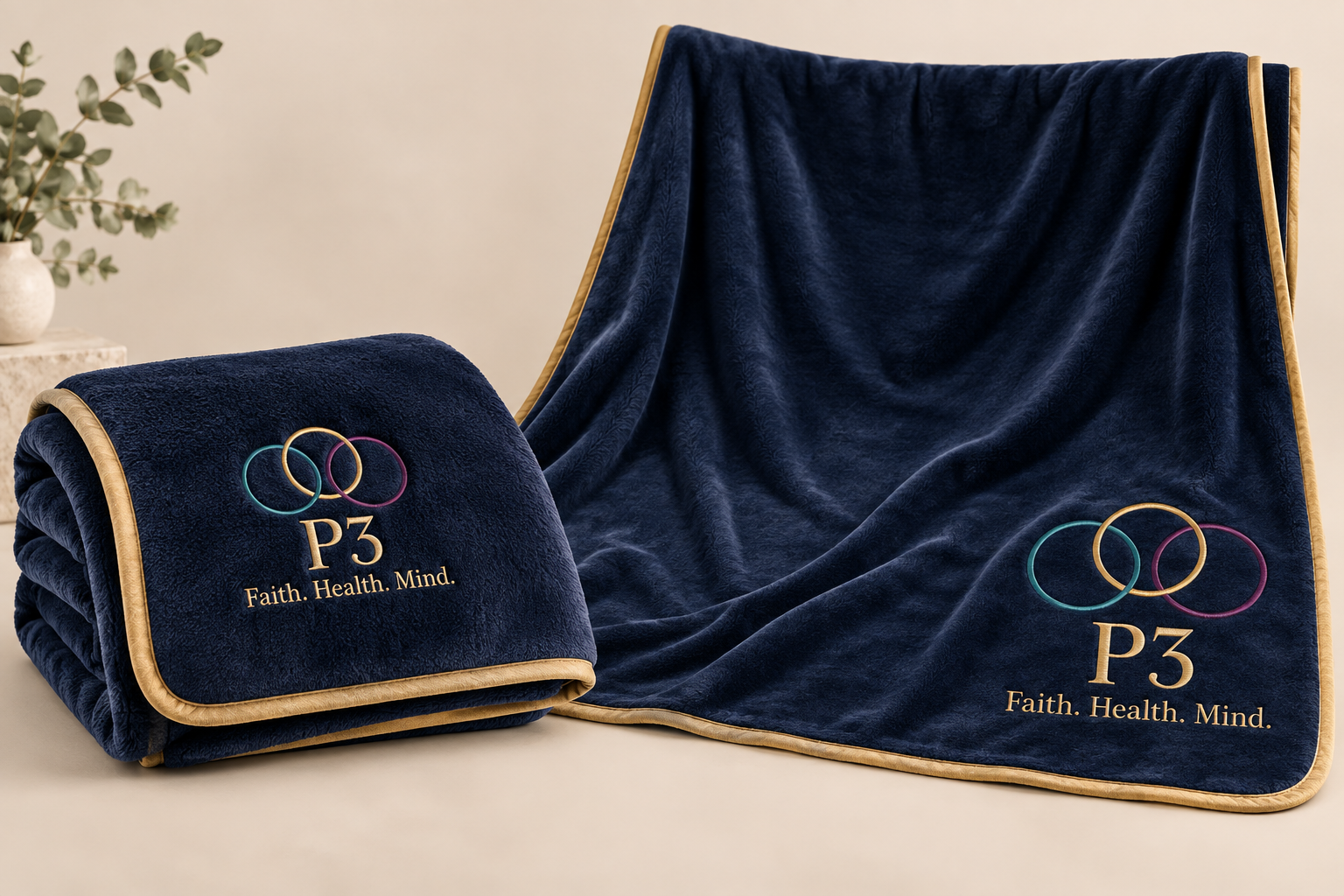 Navy P3 Faith Health Mind plush travel blanket shown folded and open