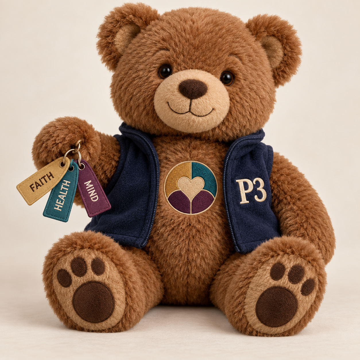 Original brown P3 Wellness Bear with Faith Health and Mind tags